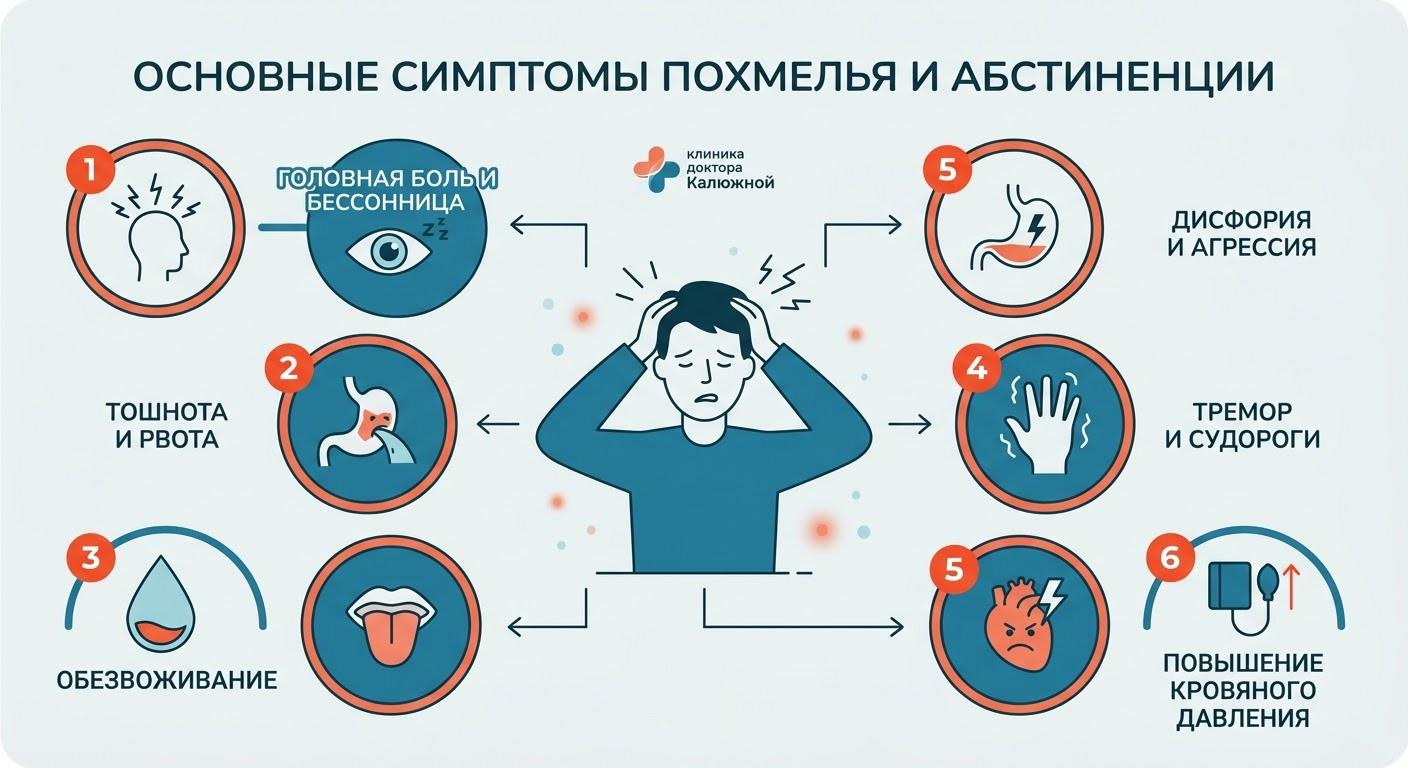 Инфографика основных симптомов похмелья и абстинентного синдрома